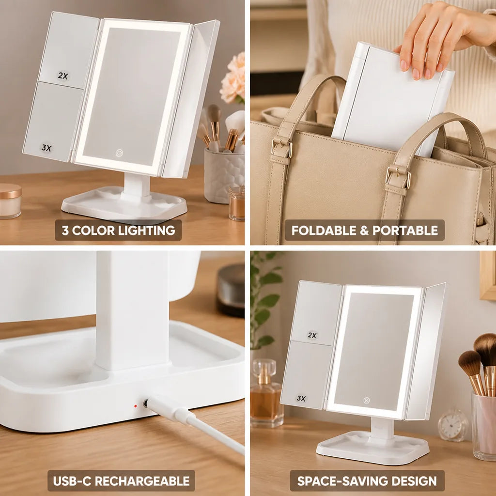 Lighted Makeup Mirror Three-Color LED Foldable USB-C Rechargeable