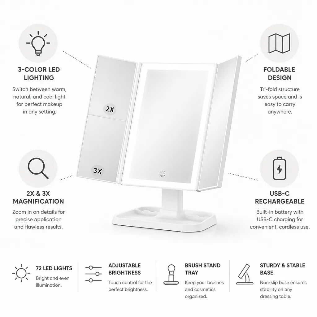 Lighted Makeup Mirror Three-Color LED Foldable USB-C Rechargeable