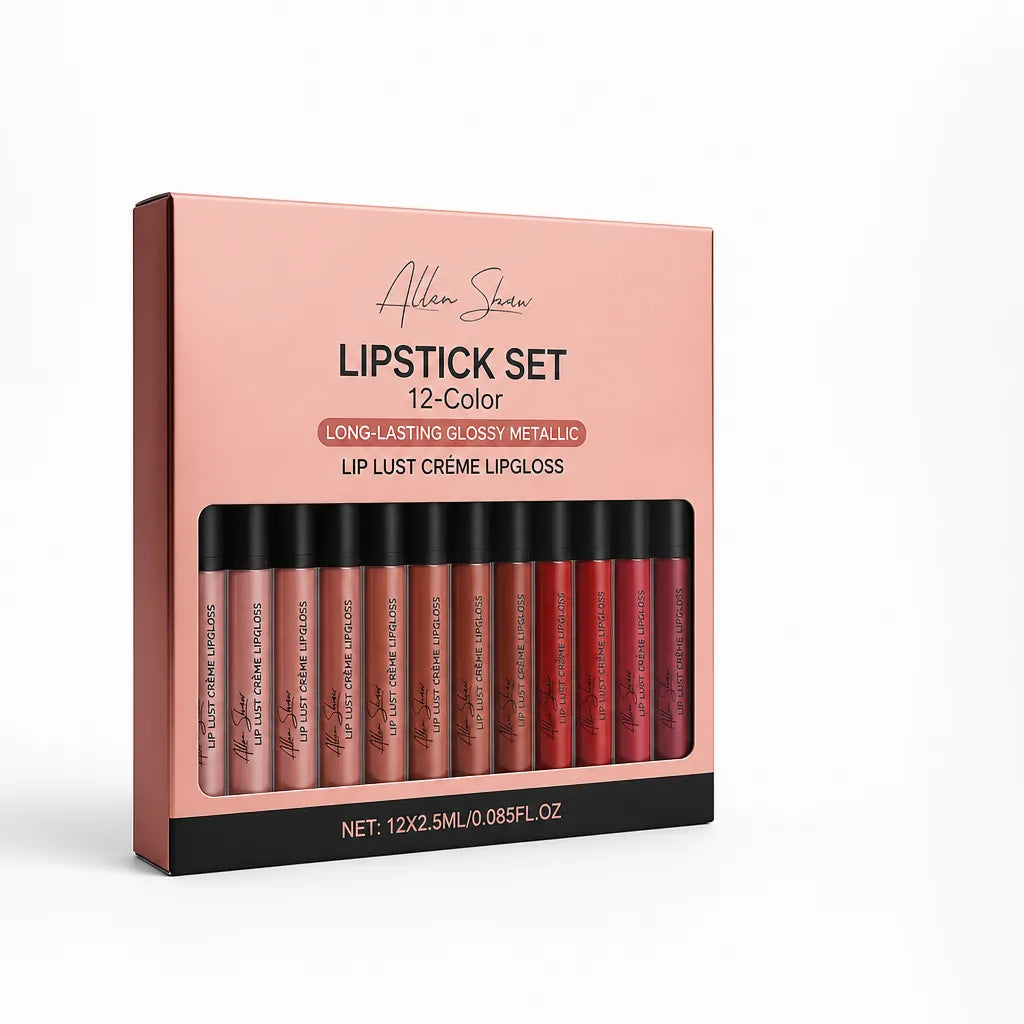 Lipstick Set 12-Color Long-Lasting Glossy Metallic