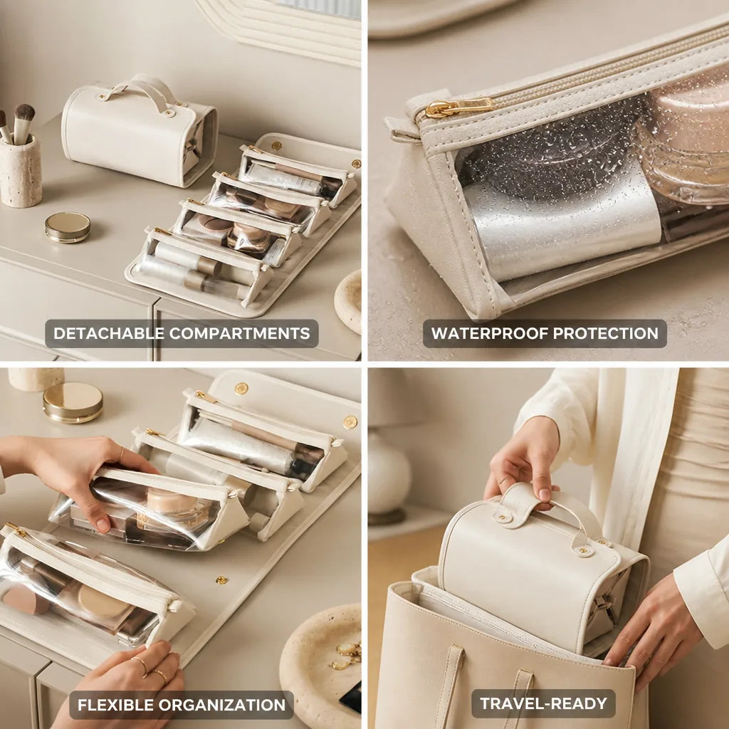 Makeup Bag Detachable Compartments Waterproof PU Leather