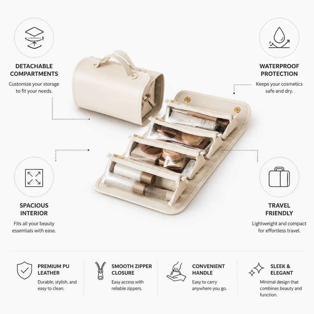 Makeup Bag Detachable Compartments Waterproof PU Leather