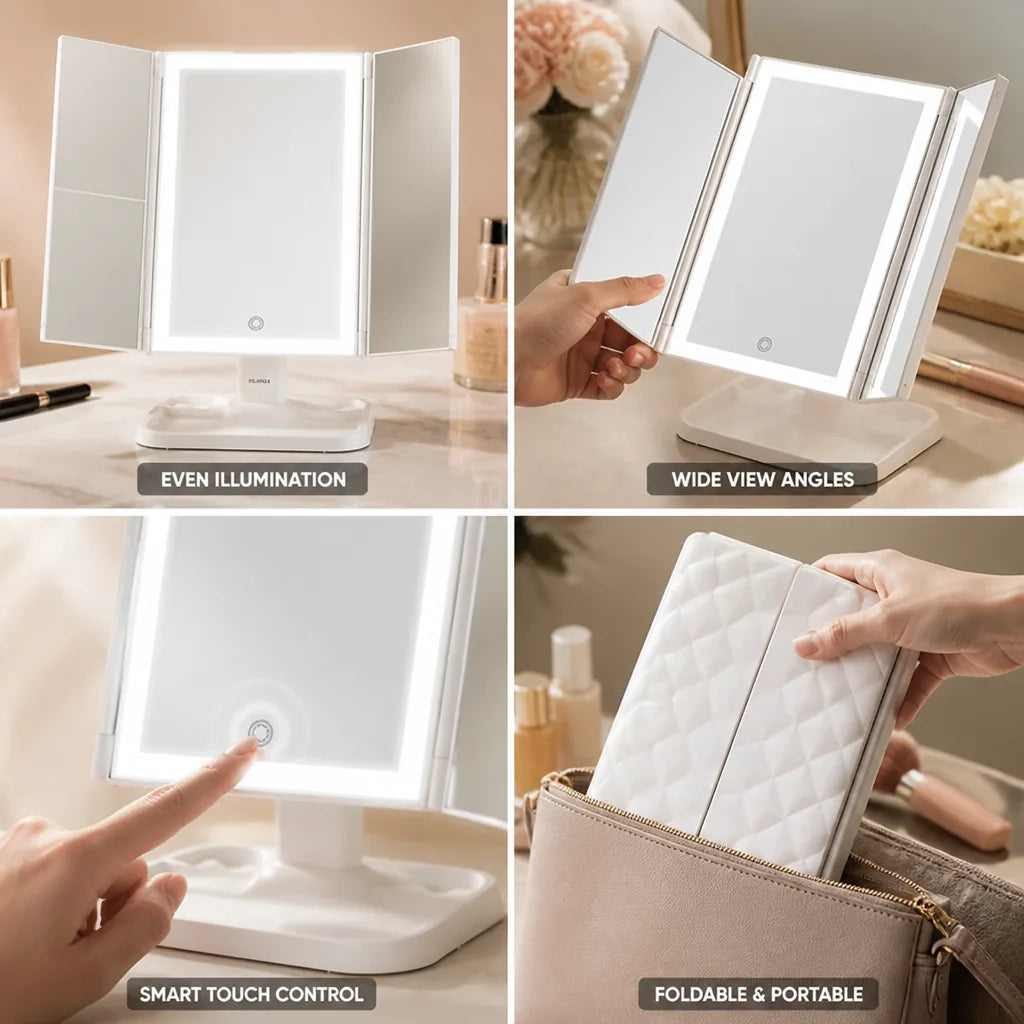 Makeup Mirror 3-Panel LED Panoramic Smart Touch