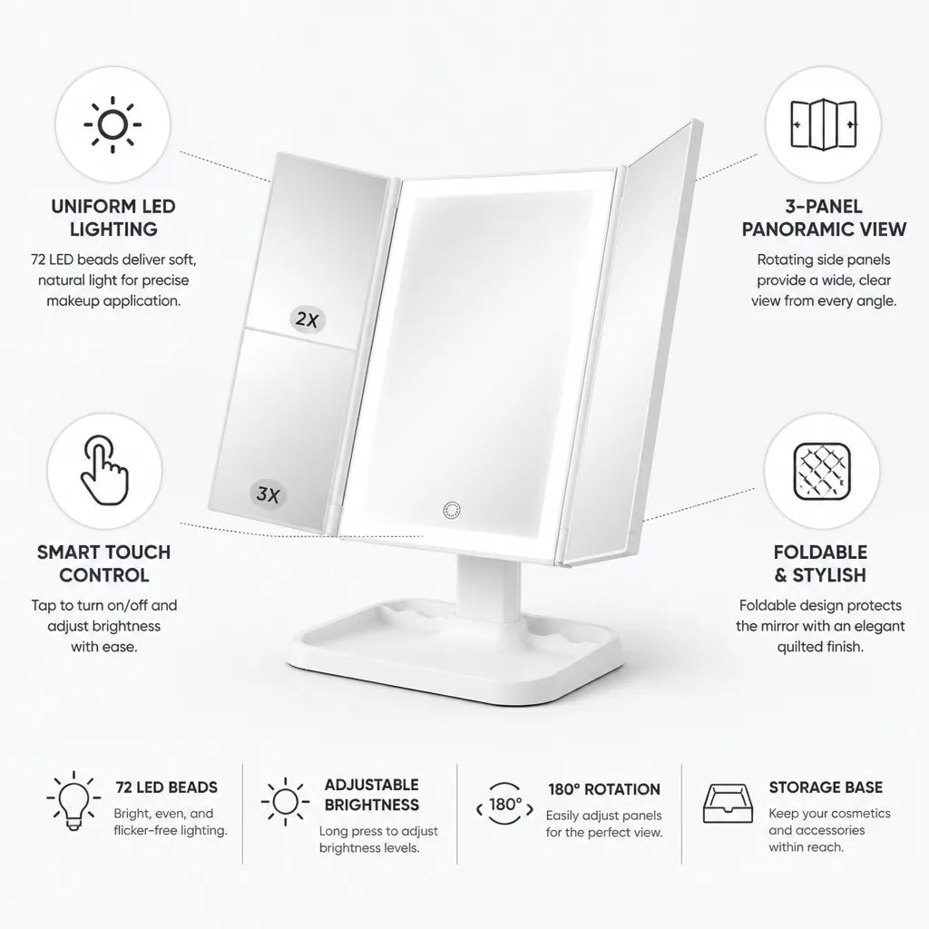 Makeup Mirror 3-Panel LED Panoramic Smart Touch