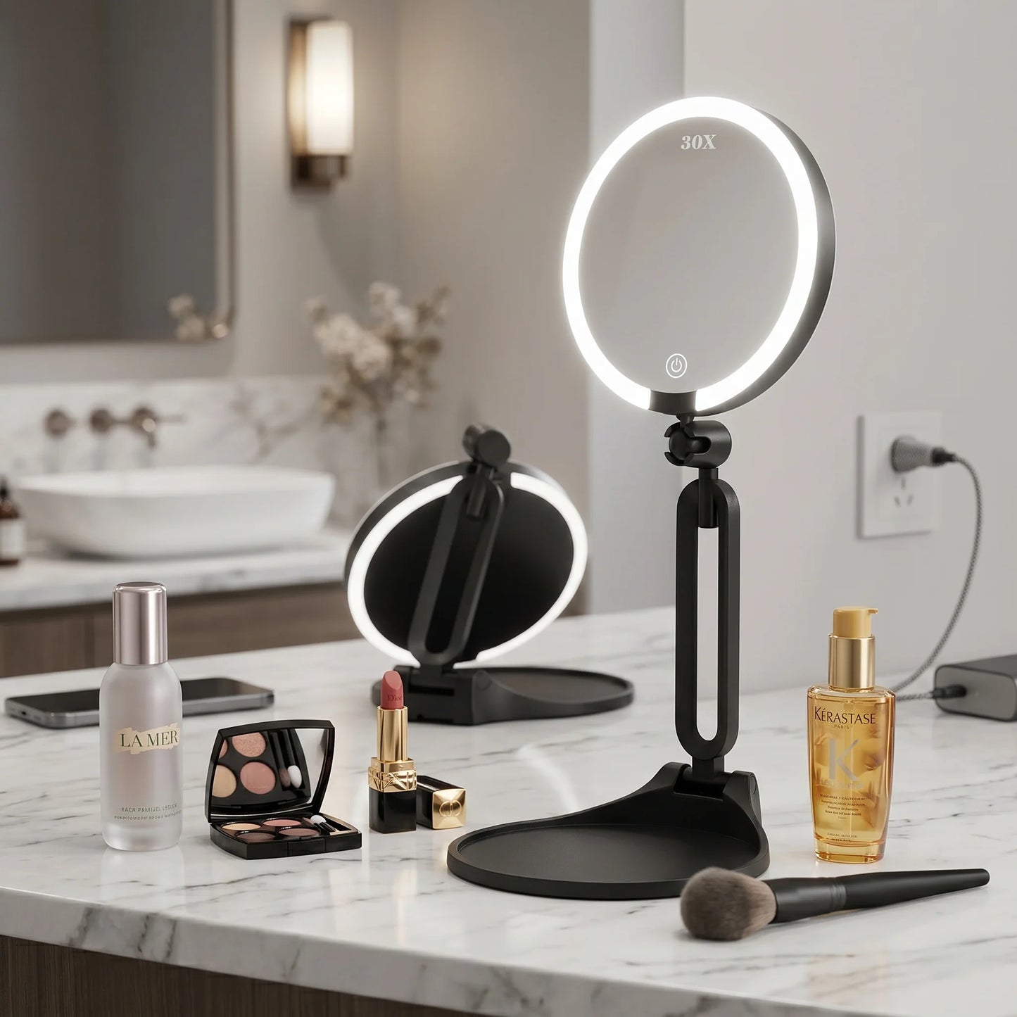 Makeup Mirror LED Light & 30X Magnification Rechargeable & Portable