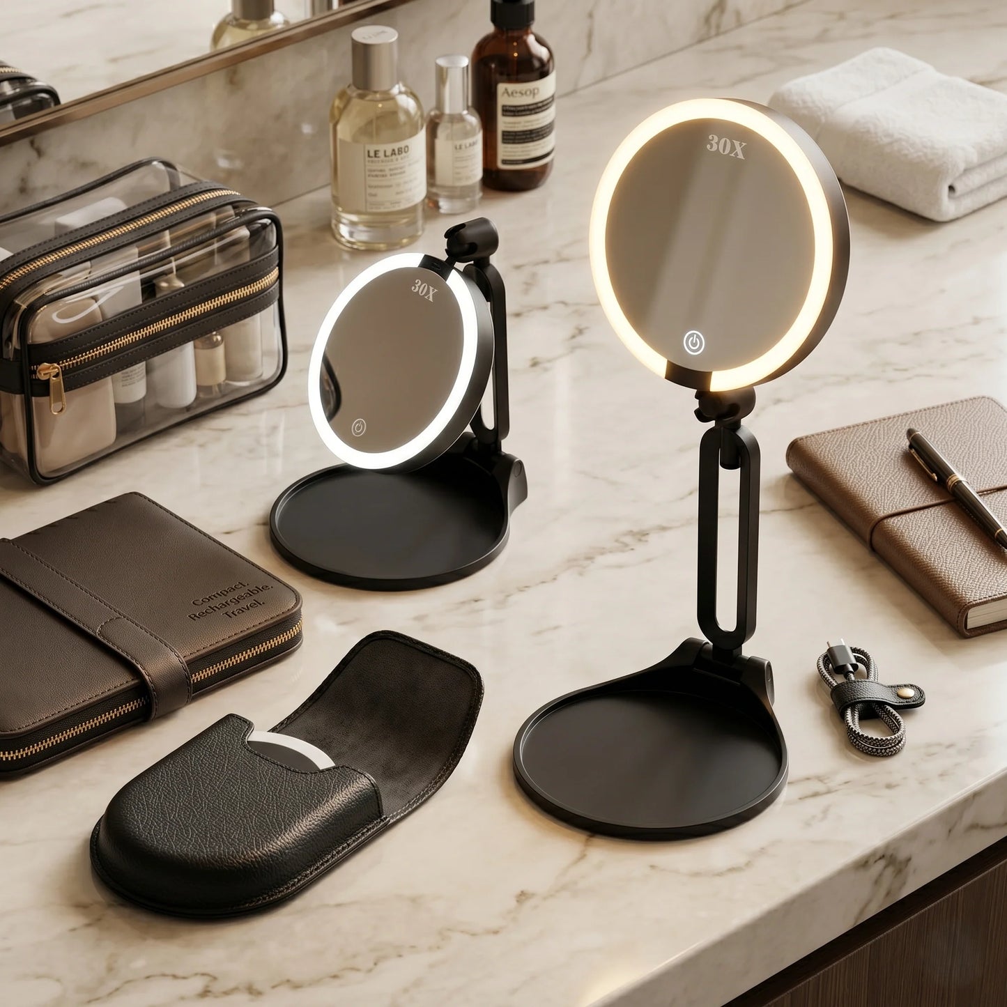 Makeup Mirror LED Light & 30X Magnification Rechargeable & Portable