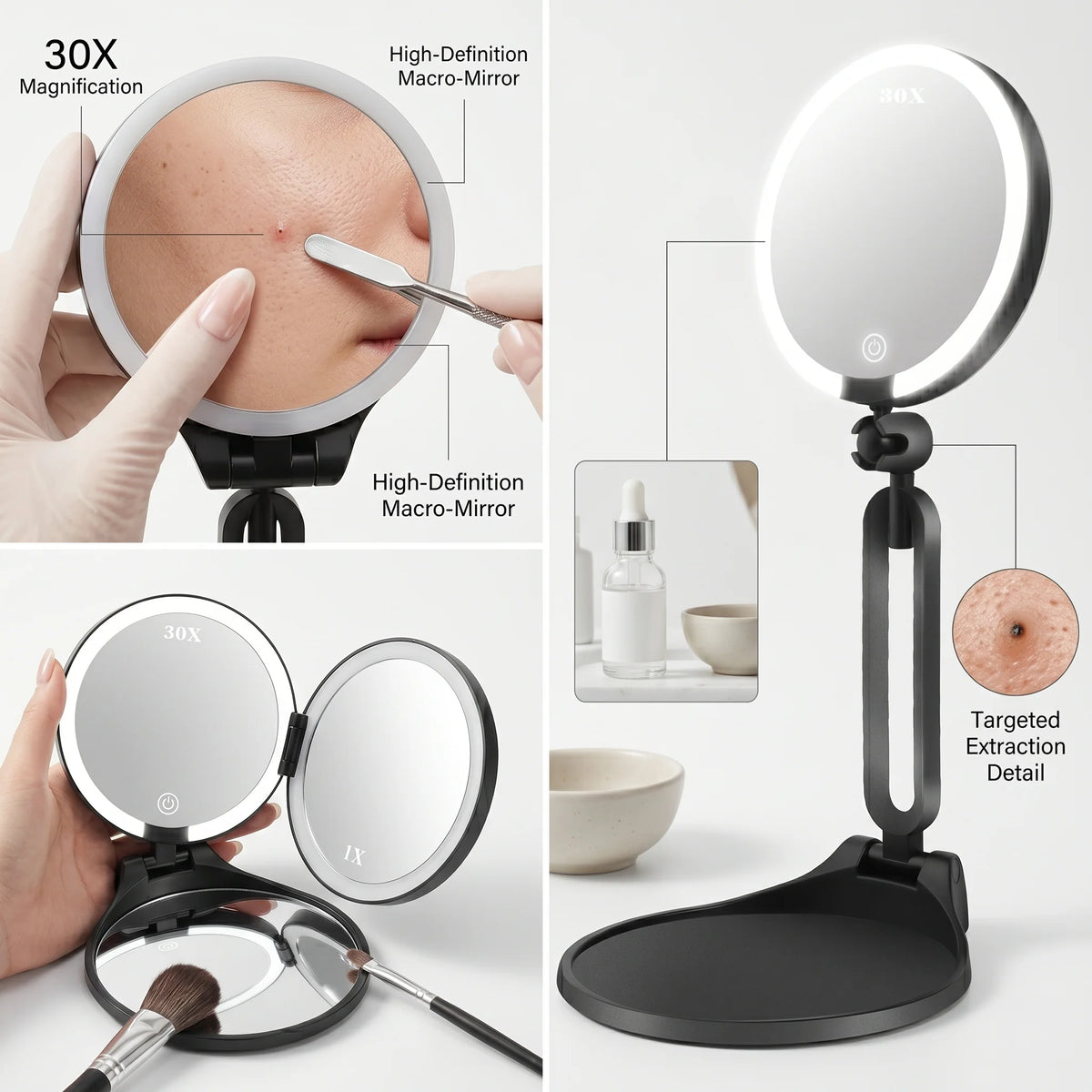 Makeup Mirror LED Light & 30X Magnification Rechargeable & Portable