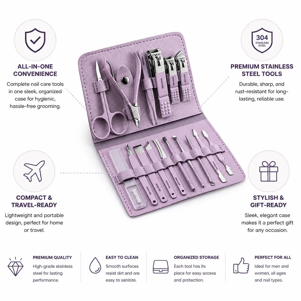 Manicure Kit 16 Piece Stainless Steel Compact Case