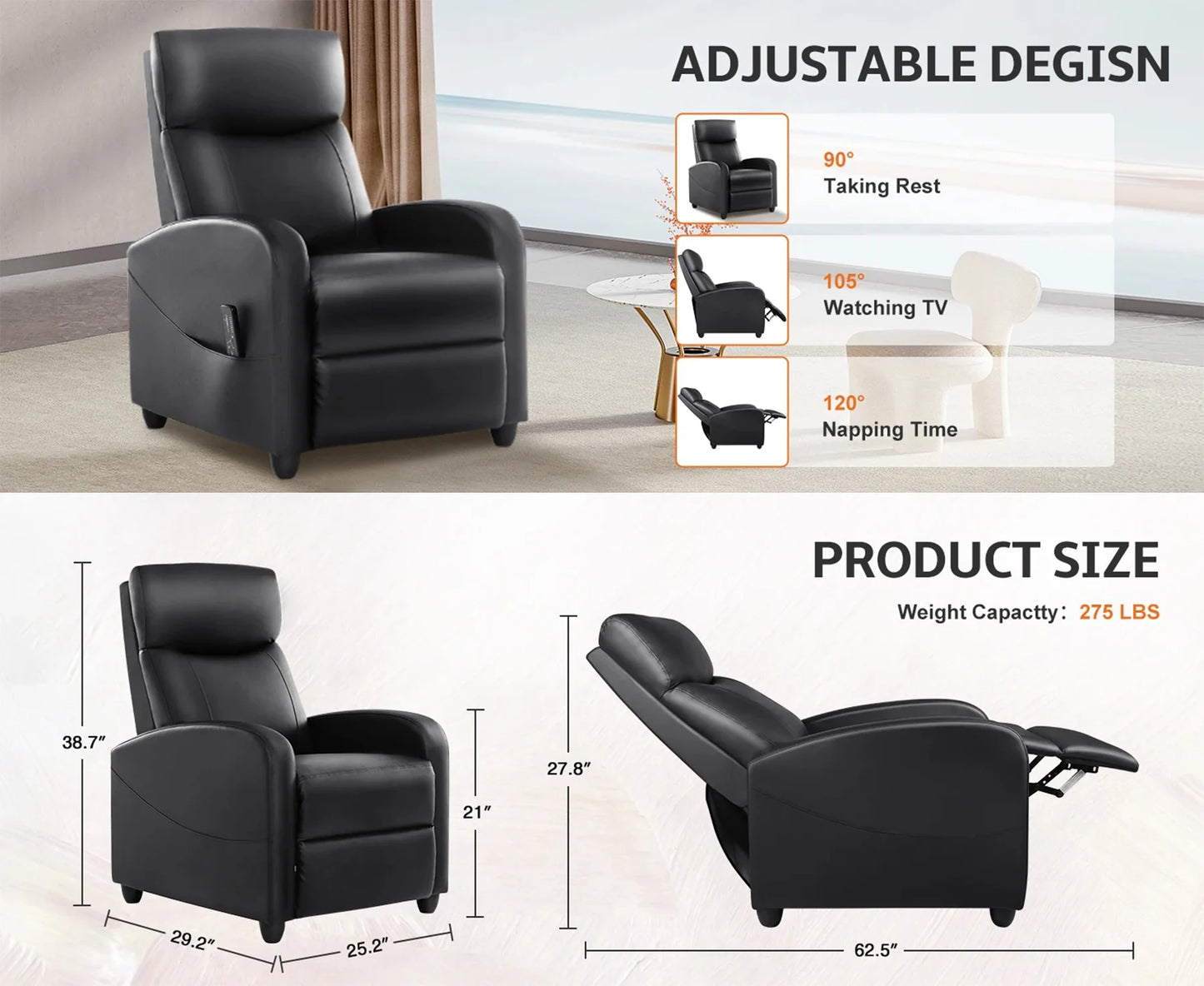 Massage Recliner Lumbar Massage Adjustable Recline & Pop-Up Footrest
