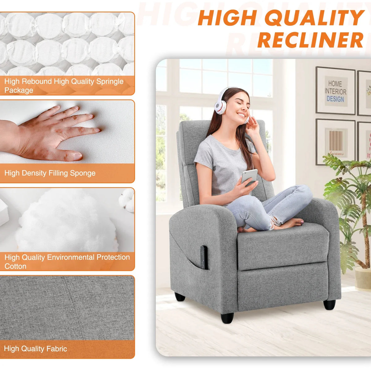 Massage Recliner Lumbar Massage Adjustable Recline & Pop-Up Footrest