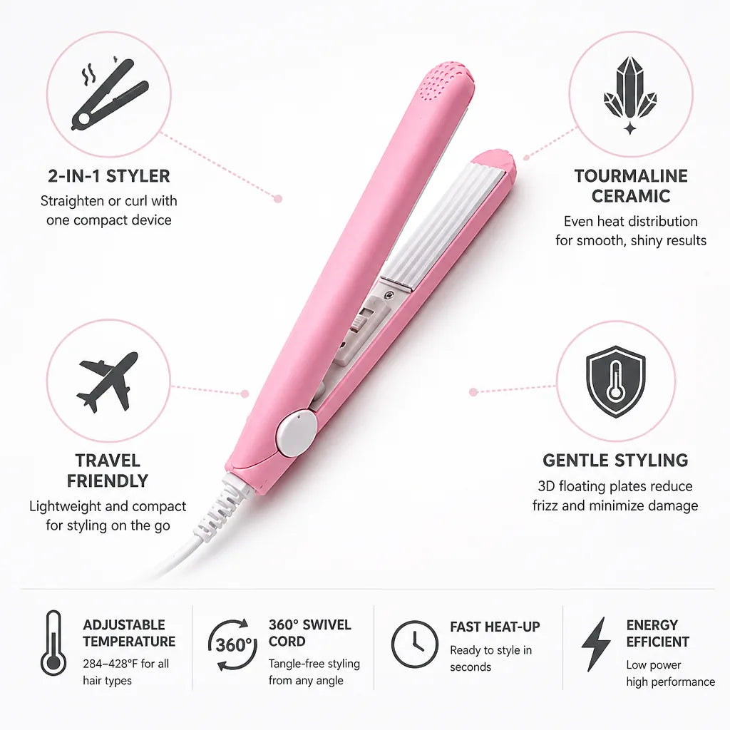 Mini Hair Styler 2-In-1 Straightener & Curler Tourmaline Ceramic