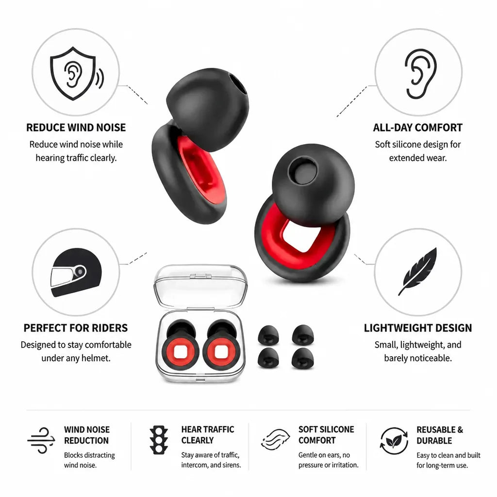 Motorcycle Earplugs Wind-Noise Reduction & All-Day Silicone Comfort