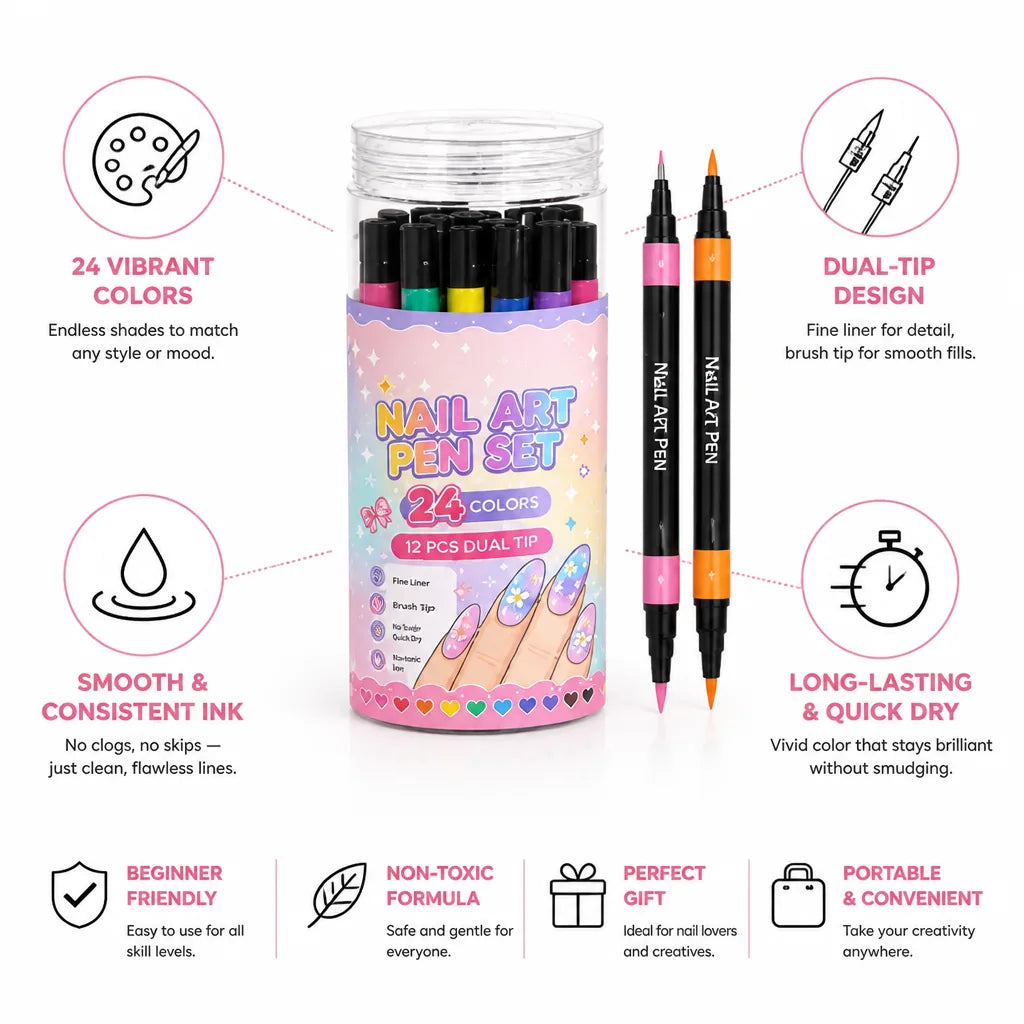 Nail Art Pen Set Dual-Tip 24 Colors