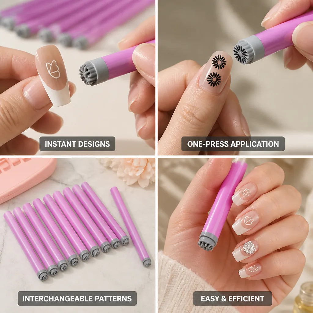 Nail Art Stamper Pen Interchangeable Pattern Heads & One-Press