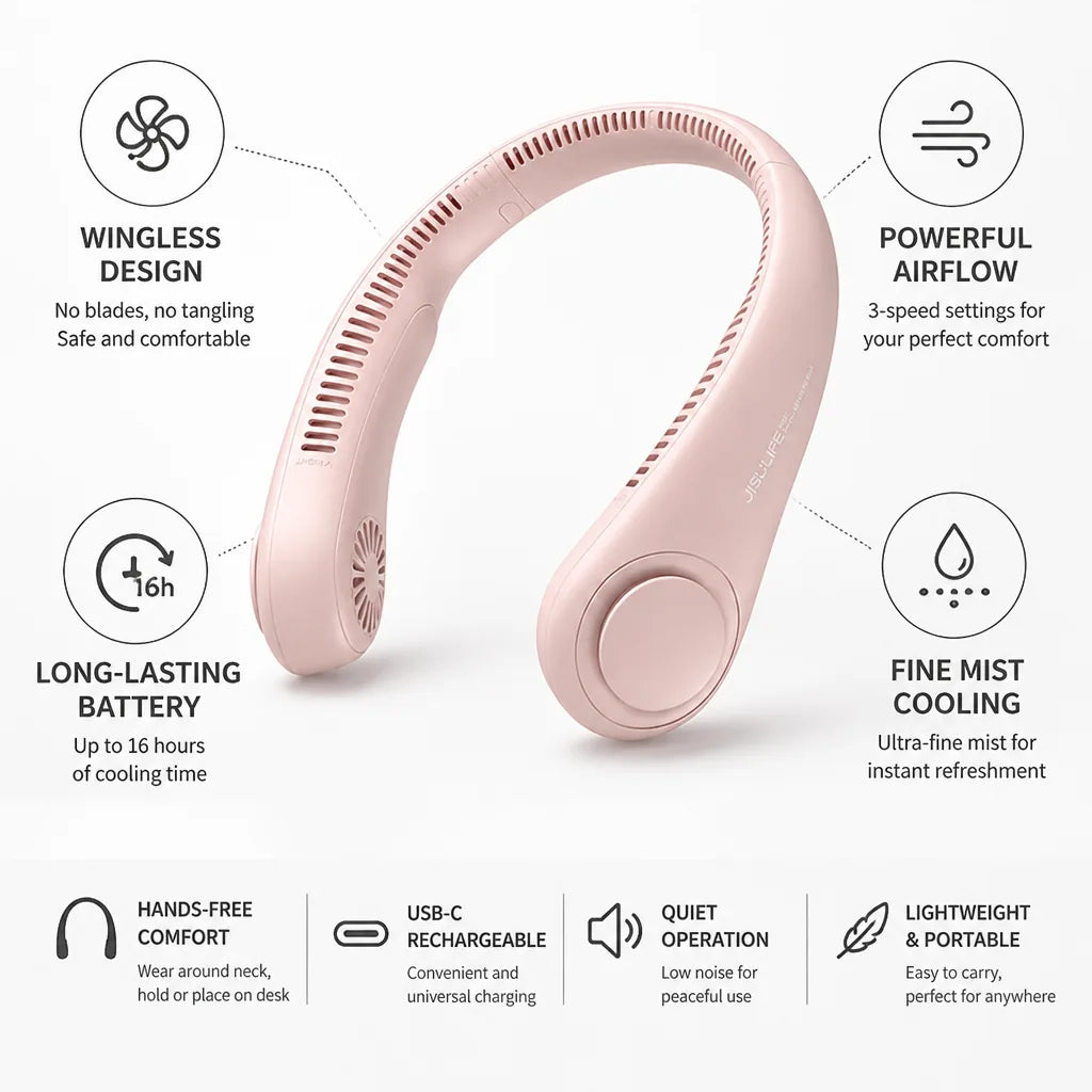Neck Fan Blade-Free Fine-Mist USB-C Rechargeable 16-Hour