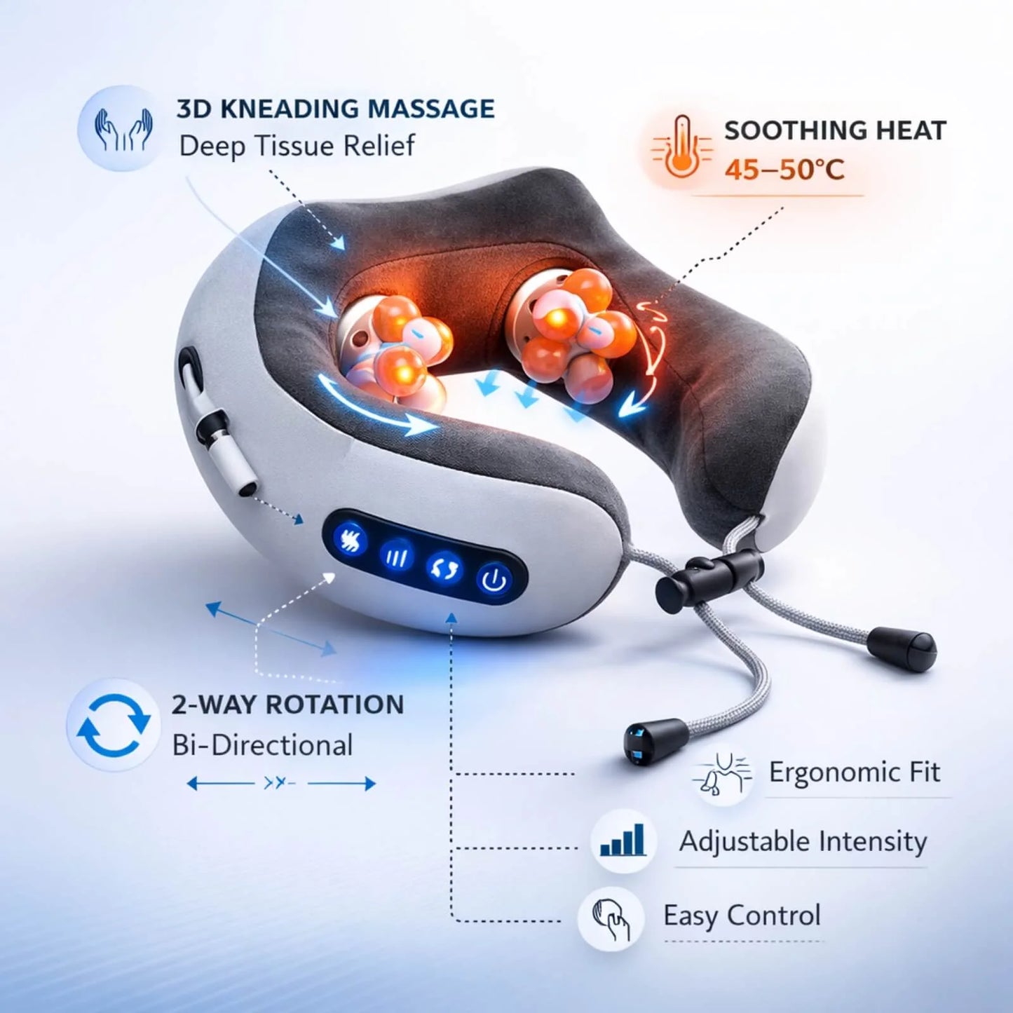 Neck Massager Pillow U-Shaped Memory Foam Kneading & Heat