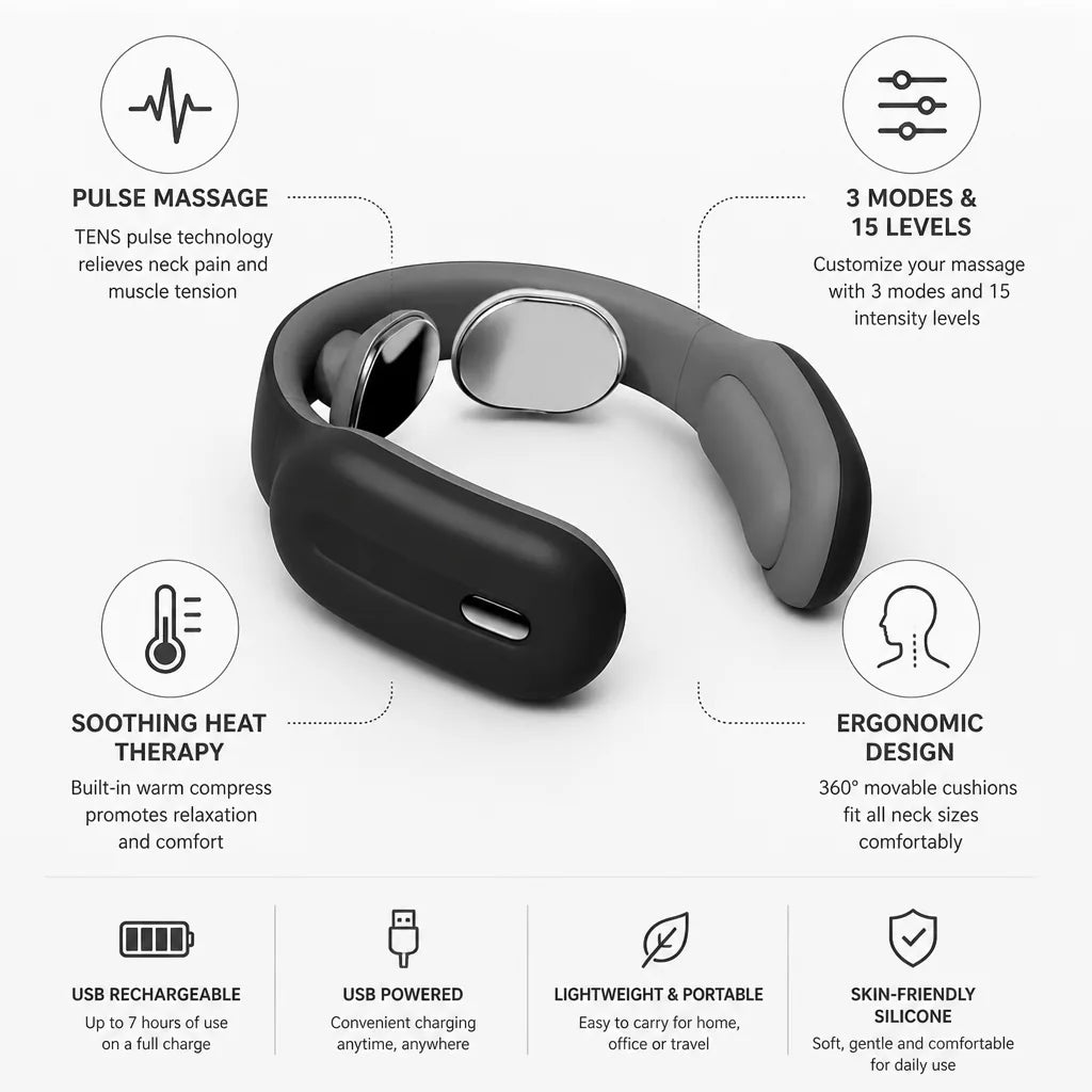 Neck Massager TENS Pulse & Heat USB Rechargeable