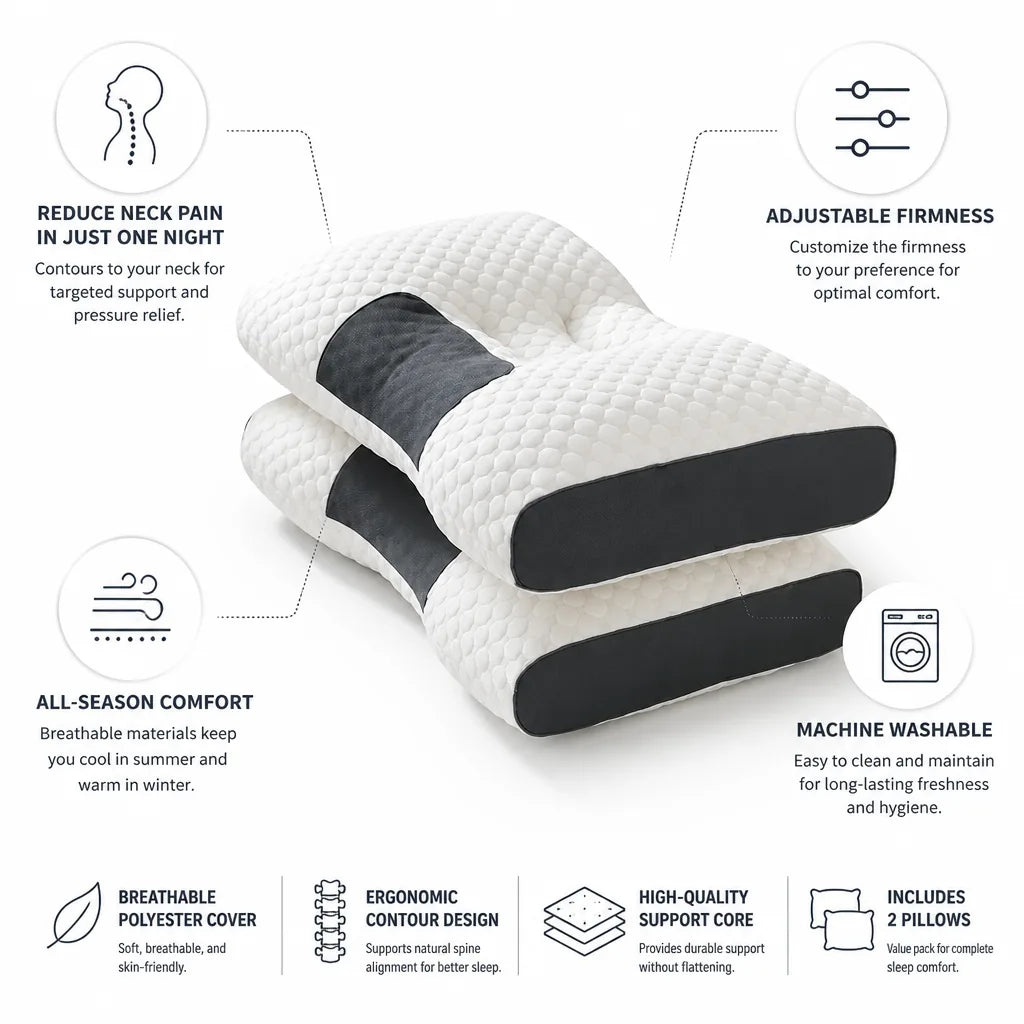 Neck Pillow Contoured Ergonomic Support & Adjustable Firmness 2-Piece