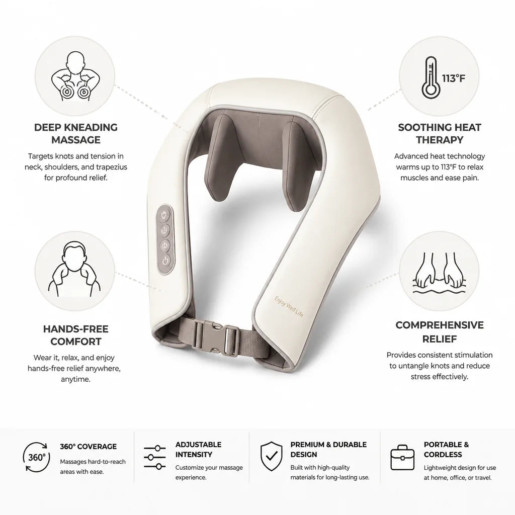 Neck & Shoulder Massager Deep Kneading & Heat Hands-Free