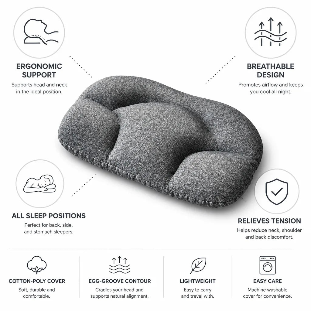 Neck Support Pillow Egg-Groove Contour Breathable Cotton-Poly Cover