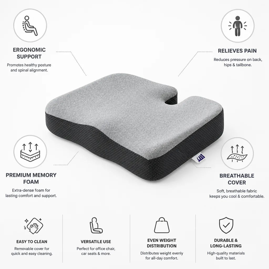Orthopedic Seat Cushion Extra-Dense Memory Foam Breathable Cover