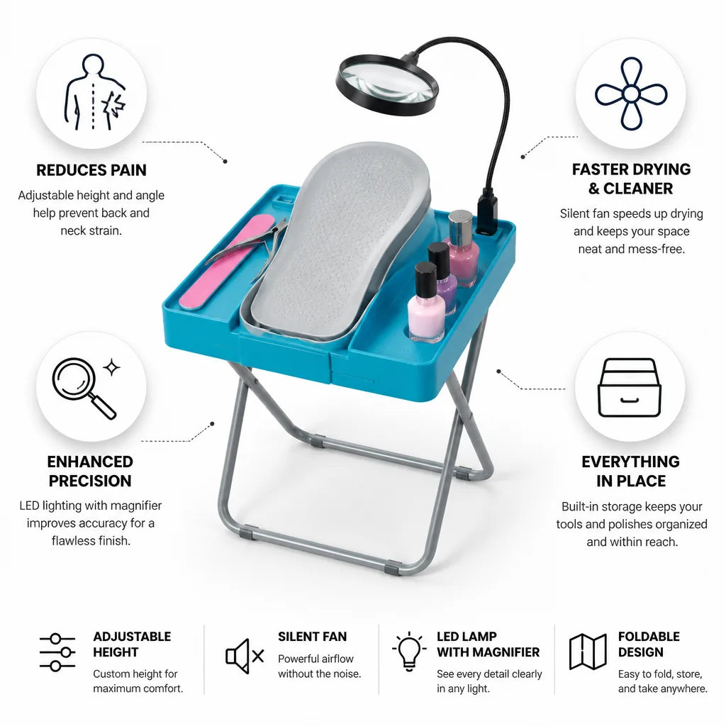 Pedicure Footrest Adjustable Height Silent Fan & LED Magnifier