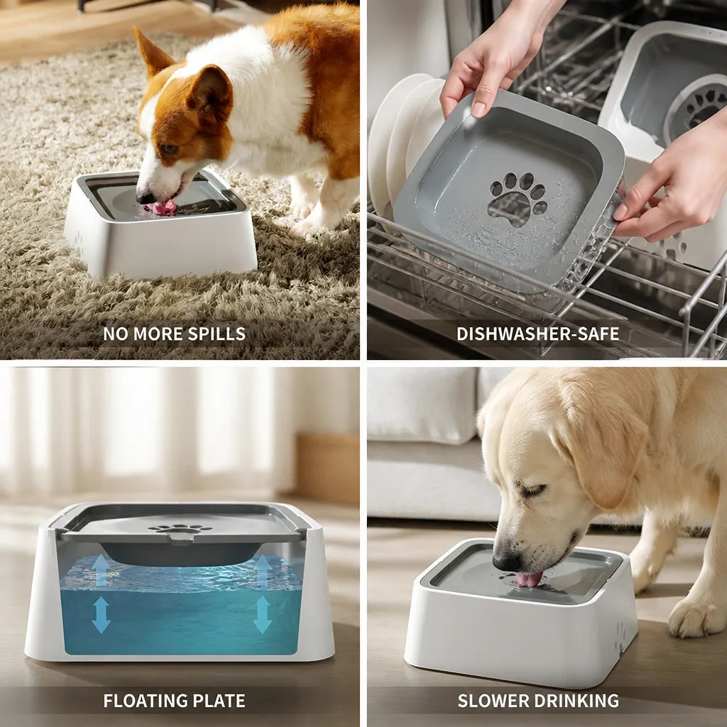 Pet Water Bowl No-Splash Floating Plate Dishwasher-Safe