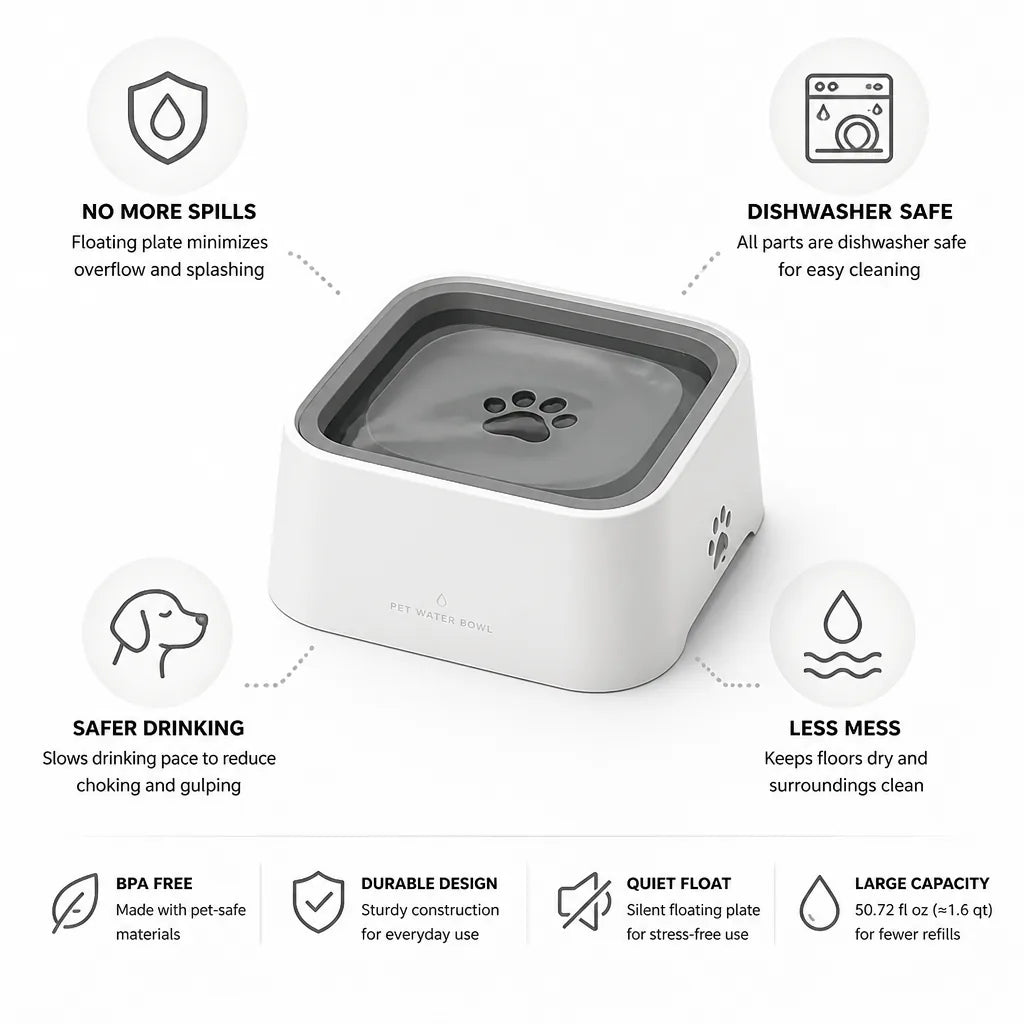 Pet Water Bowl No-Splash Floating Plate Dishwasher-Safe
