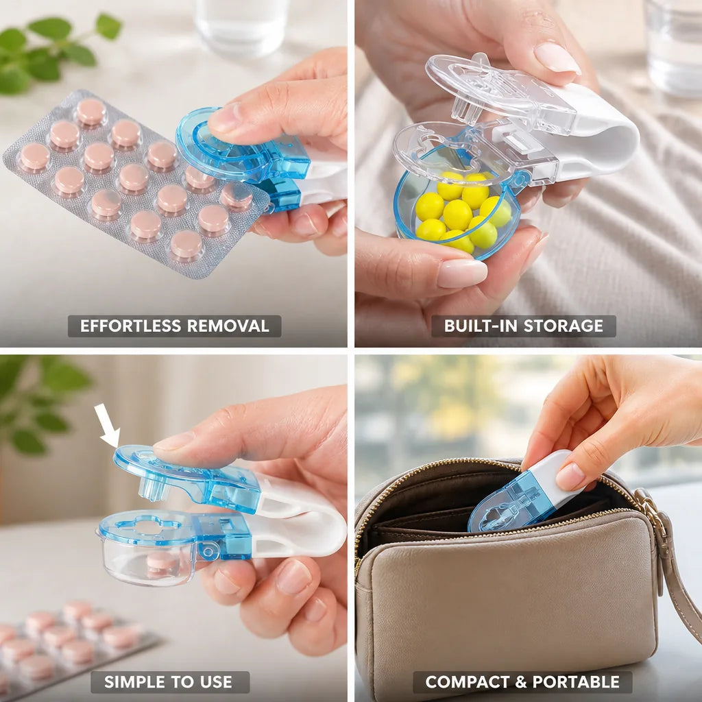 Pill Remover & Dispenser Compact Portable Built-In Storage