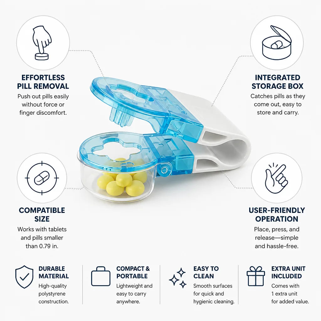 Pill Remover & Dispenser Compact Portable Built-In Storage