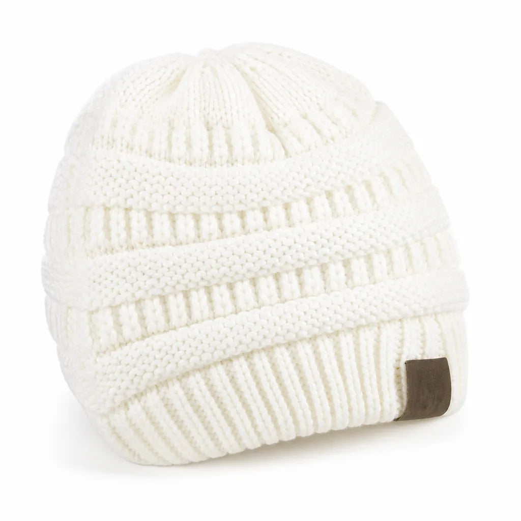 Ponytail Beanie Cable Knit Natural Wool One Size