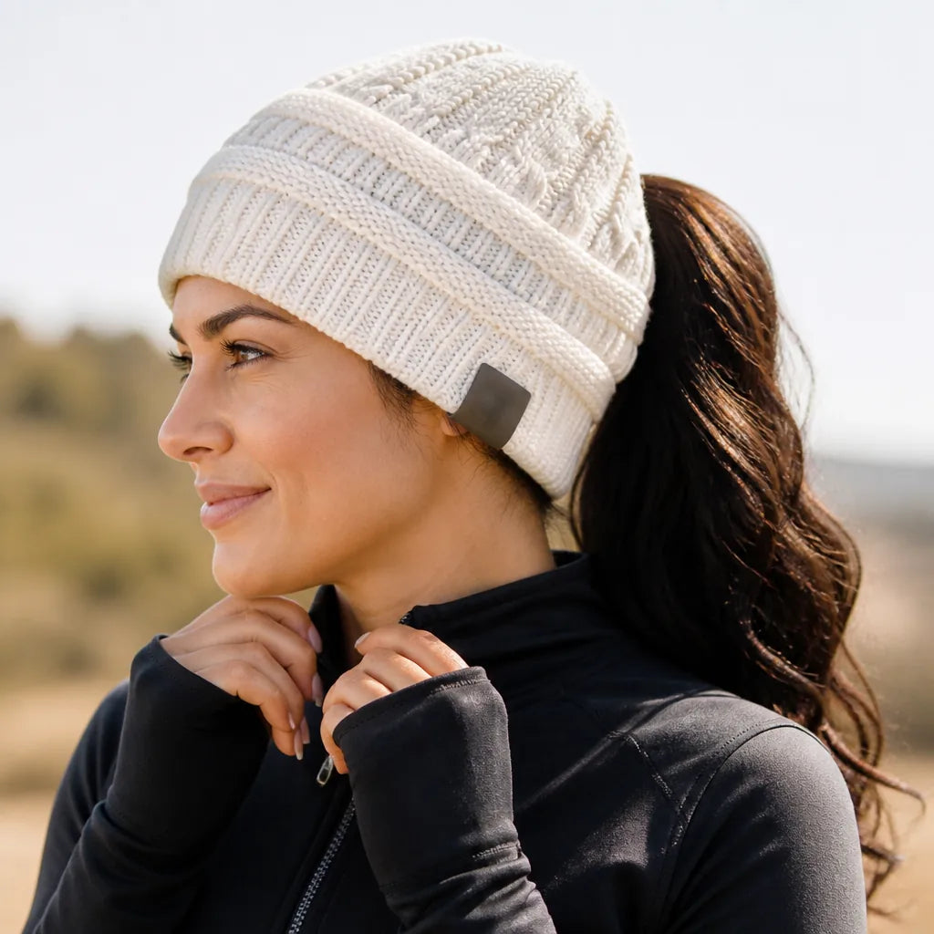 Ponytail Beanie Cable Knit Natural Wool One Size
