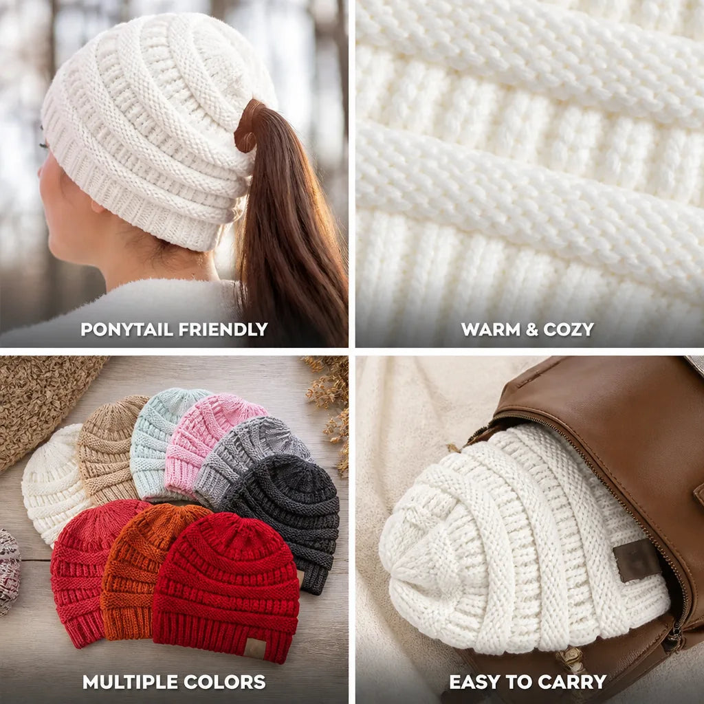 Ponytail Beanie Cable Knit Natural Wool One Size