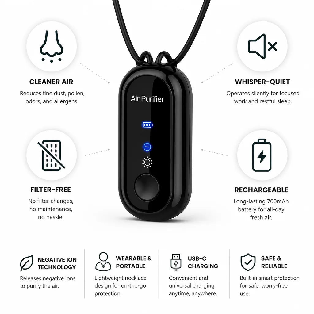 Portable Air Purifier Necklace Filter-Free Ion Rechargeable