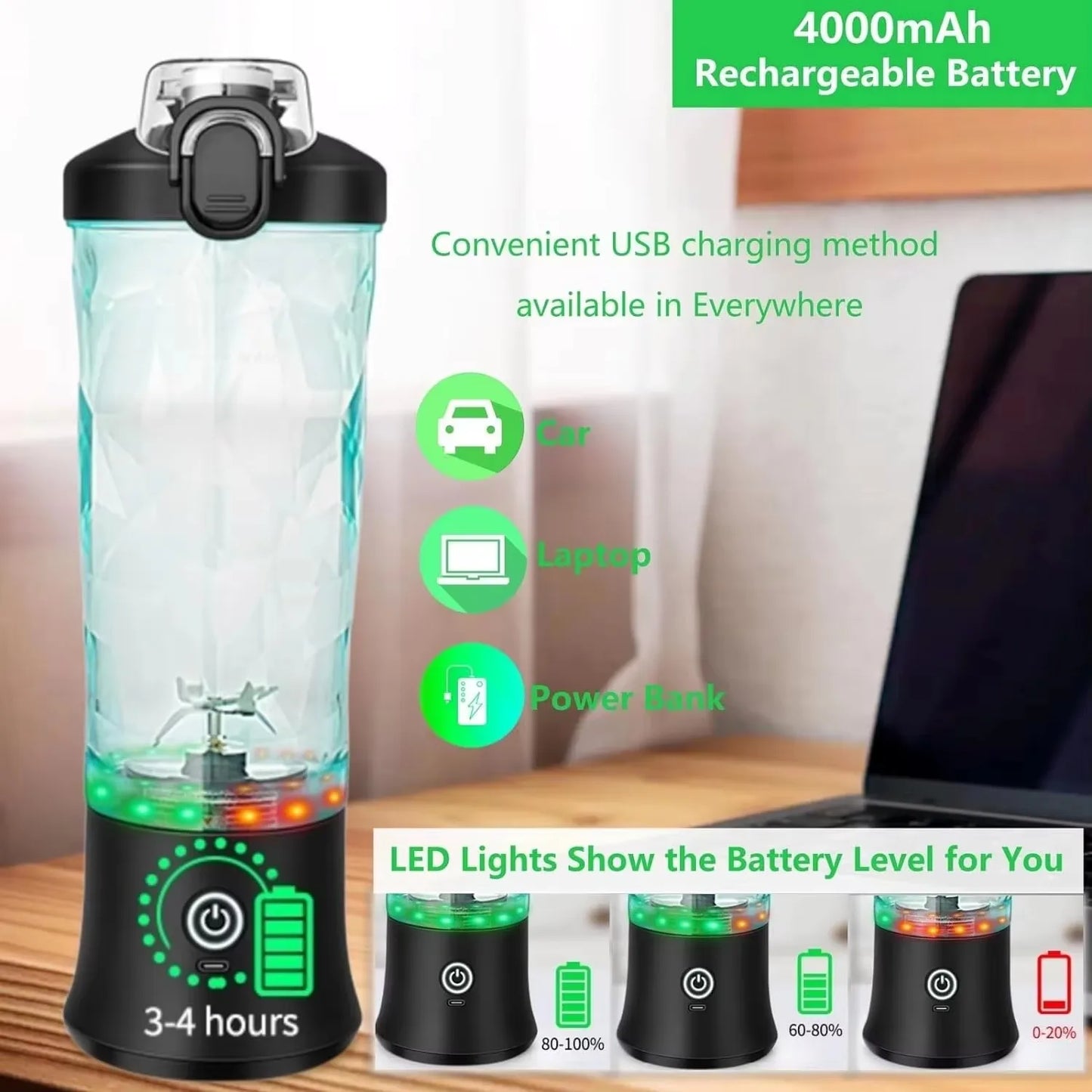 Portable Blender USB-C Rechargeable 6-Blade Stainless Steel