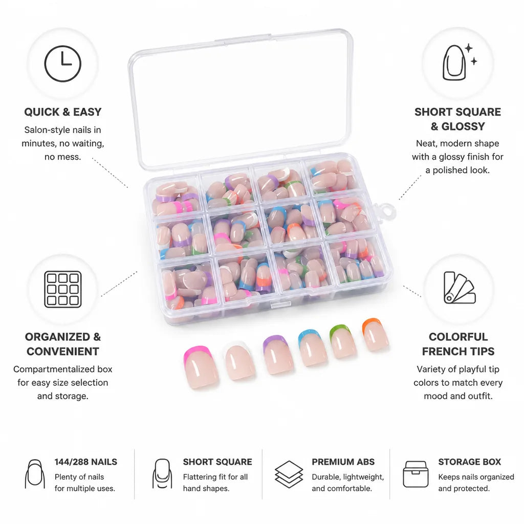 Press-On Nail Set Short Square Glossy French Tips