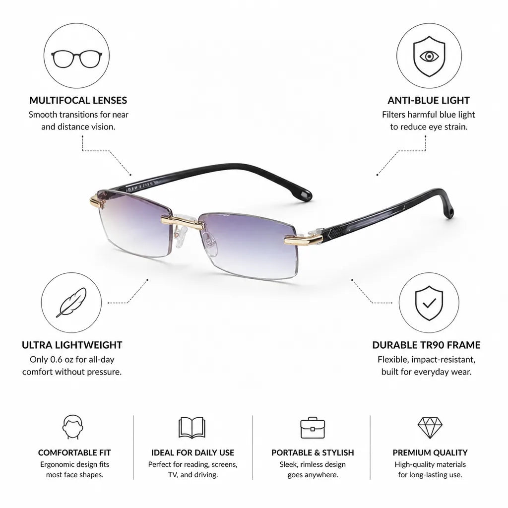 Reading Glasses Multifocal Rimless Anti-Blue Light