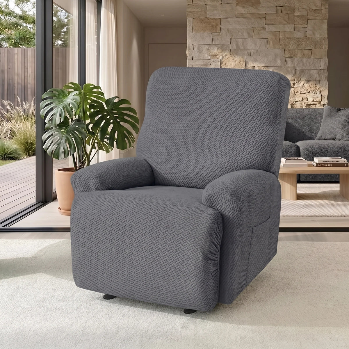 Recliner Chair Cover Jacquard Stretch Four-Piece With Side Pocket