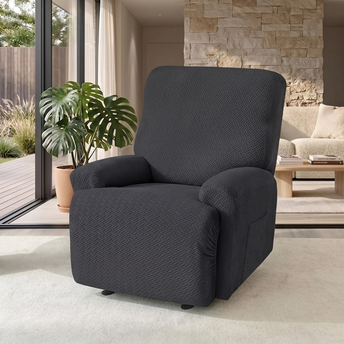 Recliner Chair Cover Jacquard Stretch Four-Piece With Side Pocket