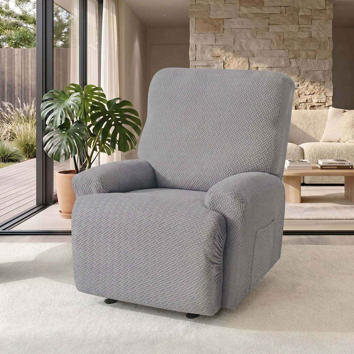Recliner Chair Cover Jacquard Stretch Four-Piece With Side Pocket