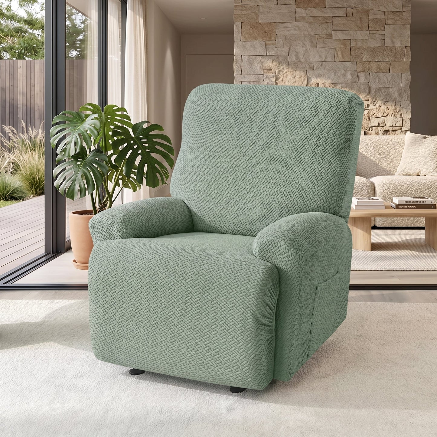 Recliner Chair Cover Jacquard Stretch Four-Piece With Side Pocket
