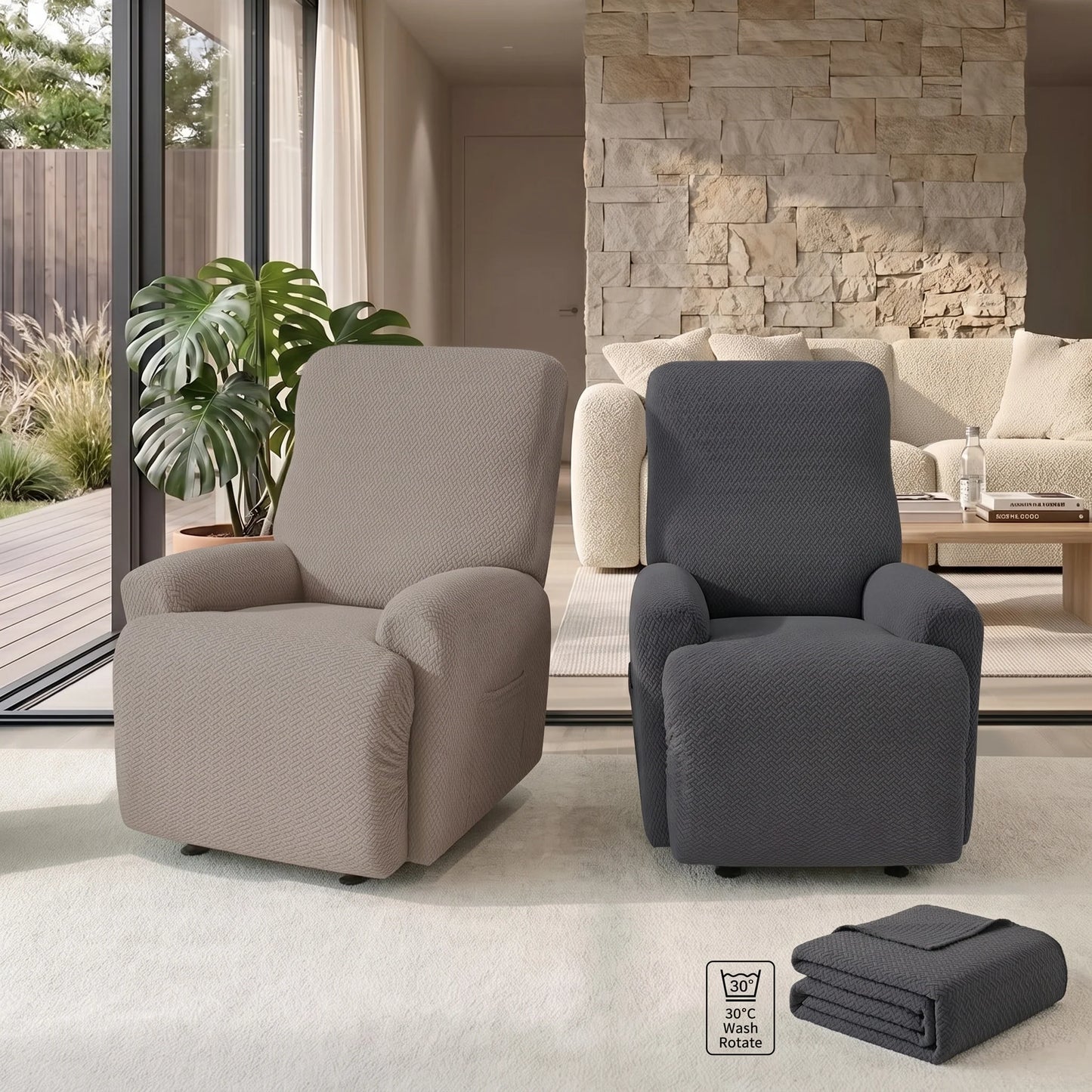 Recliner Chair Cover Jacquard Stretch Four-Piece With Side Pocket