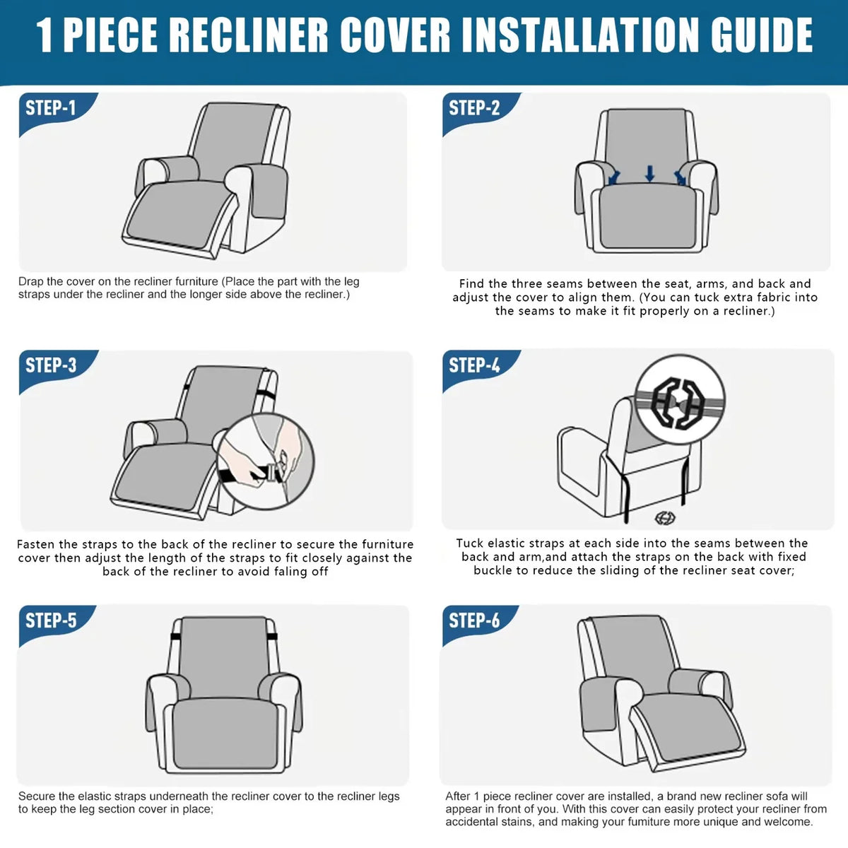 Recliner Chair Cover Waterproof Non-Slip Backing & Storage Pockets