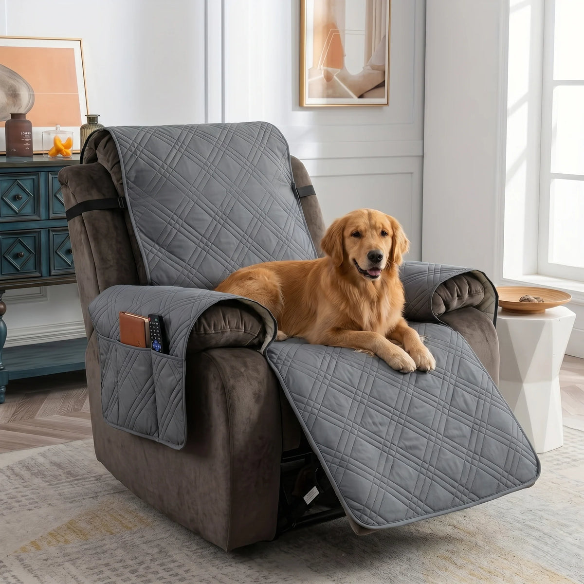 Recliner Chair Cover Waterproof Non-Slip Backing & Storage Pockets
