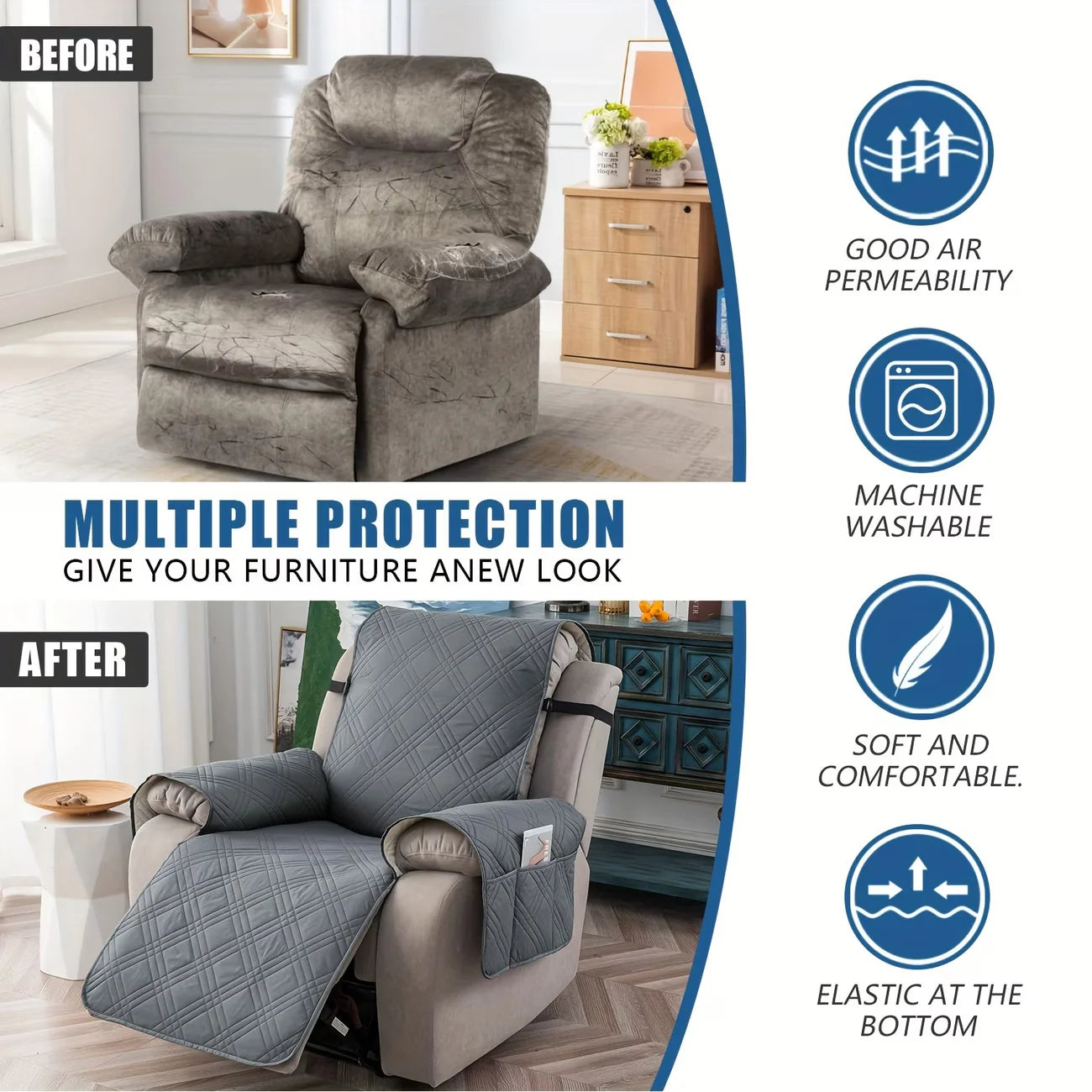 Recliner Chair Cover Waterproof Non-Slip Backing & Storage Pockets