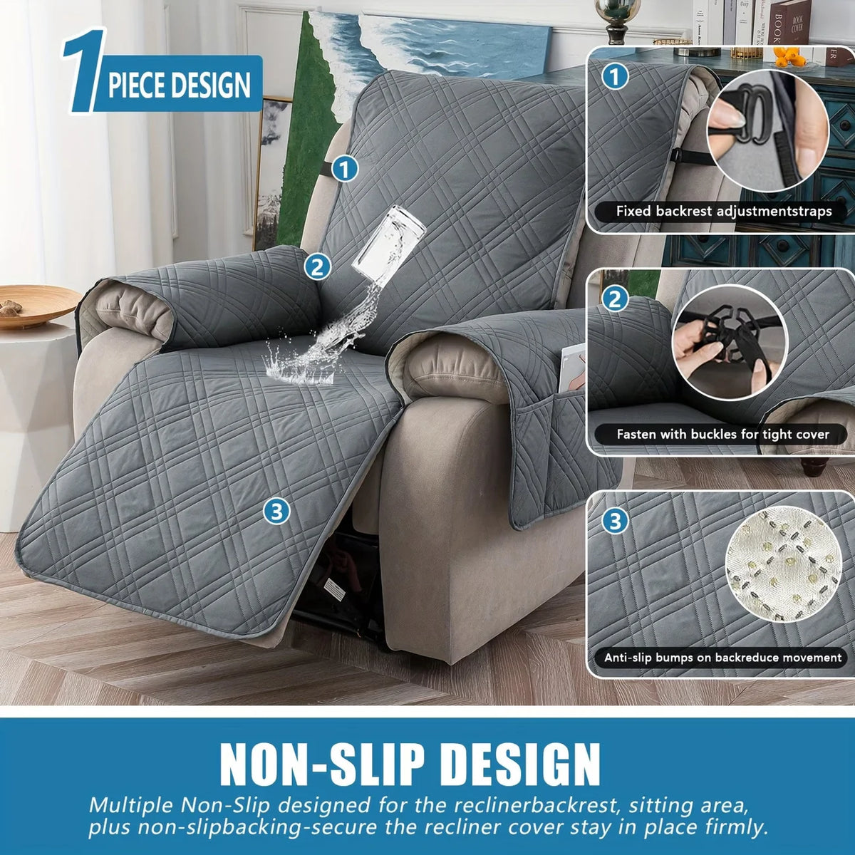 Recliner Chair Cover Waterproof Non-Slip Backing & Storage Pockets