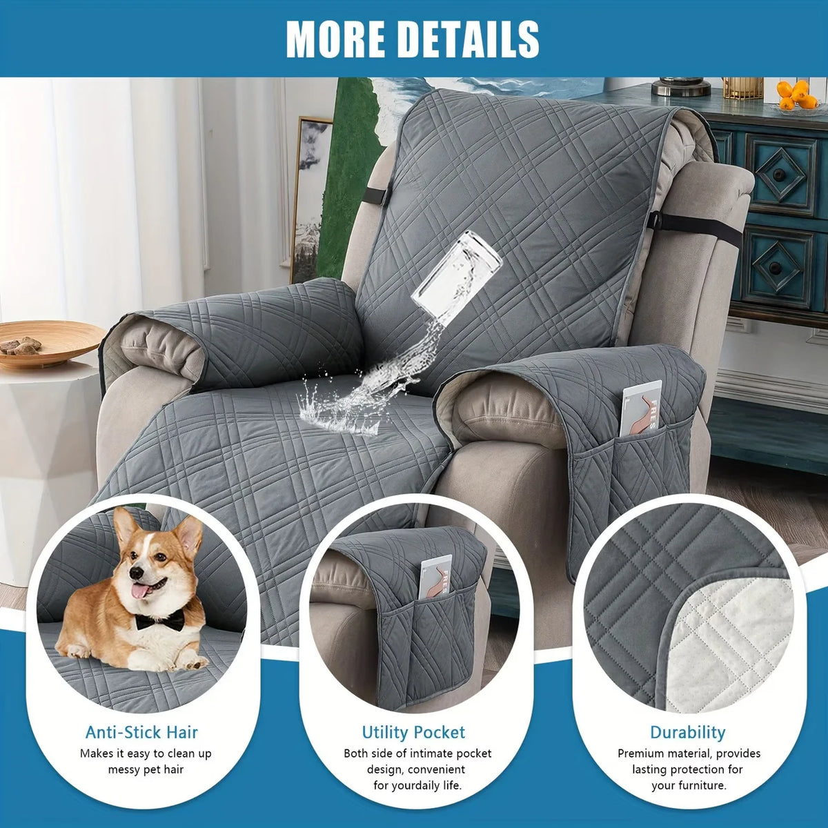 Recliner Chair Cover Waterproof Non-Slip Backing & Storage Pockets