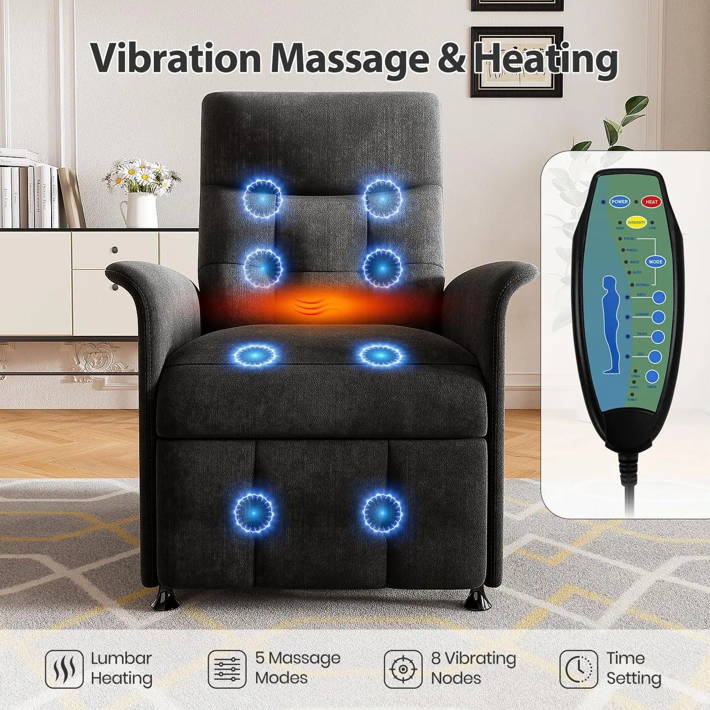 Recliner Chair Electric 8-Node Massage & Heat Side Pockets