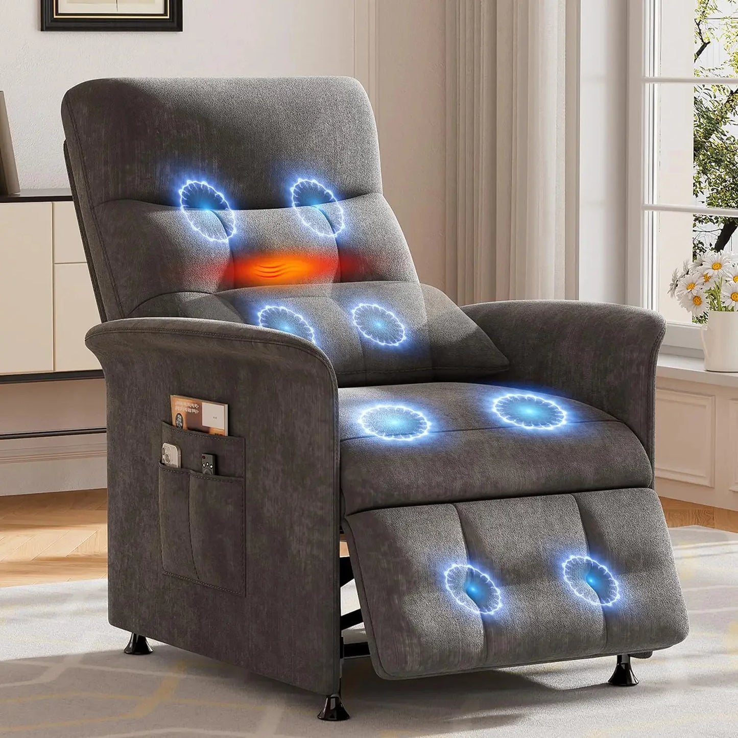 Recliner Chair Electric 8-Node Massage & Heat Side Pockets