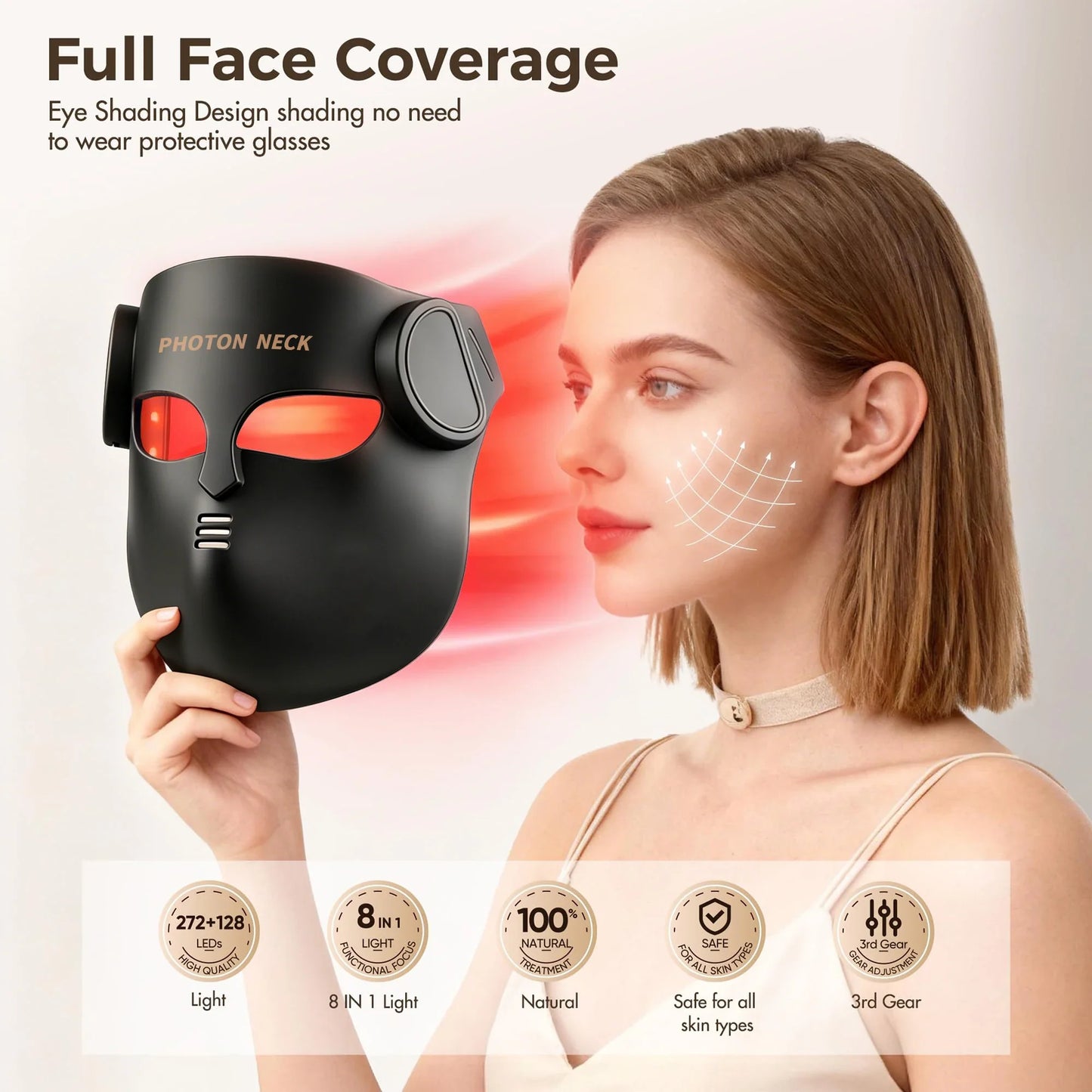 Red Light Therapy Mask Full-Face & Neck Coverage USB-Powered