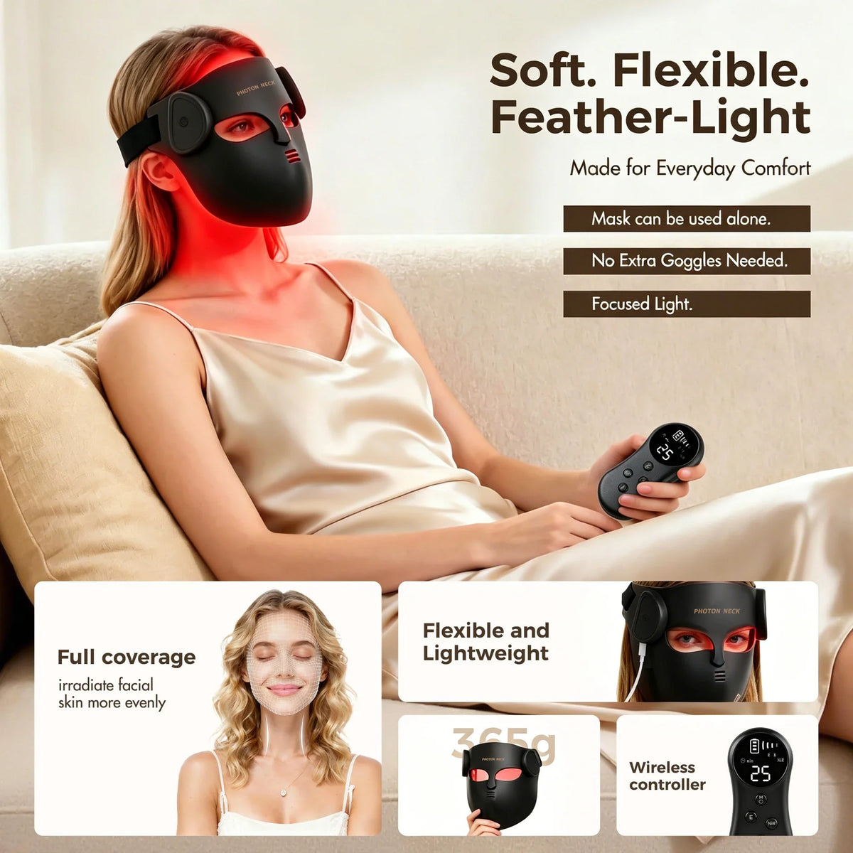Red Light Therapy Mask Full-Face & Neck Coverage USB-Powered